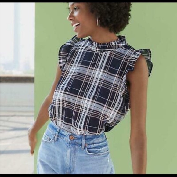 LOFT Tops - LOFT Navy and White Plaid Ruffle Sleeve Blouse